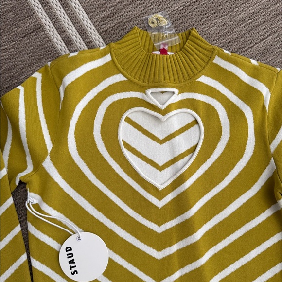 NWT Staud Long Sleeve Castle Midi Dress Chartreuse Chevron Small Heart Cutout - Picture 2 of 10